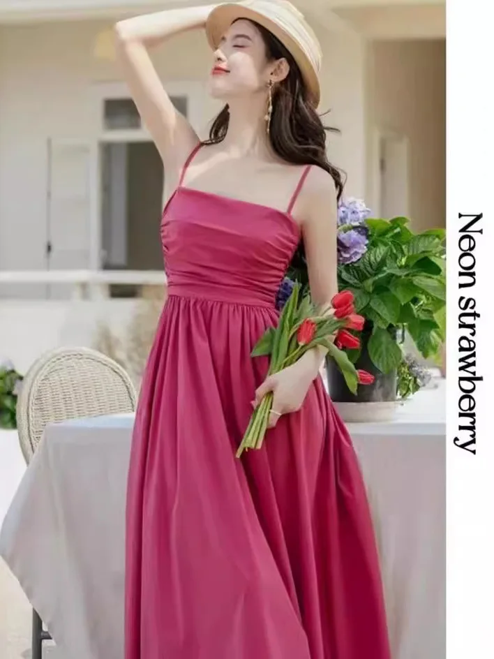 

Tea break French rose red sling dress for woman summer 2024 new waistband slimming seaside vacation long dress R284