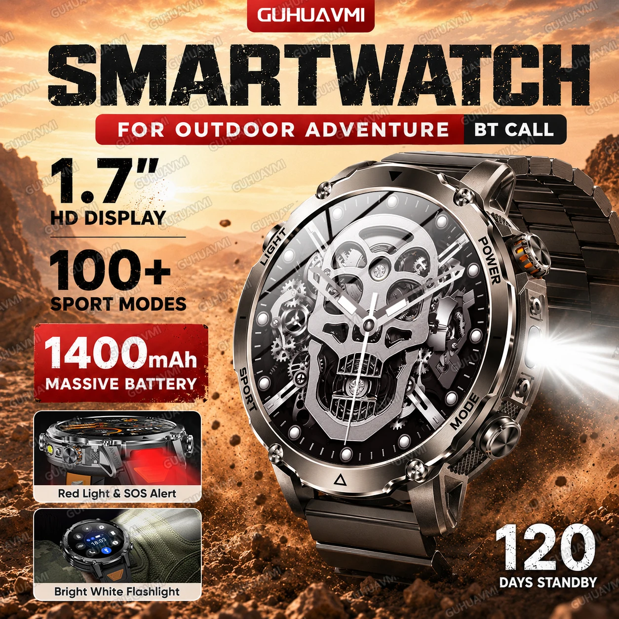 

2026 New Outdoor Men Smart Watch 1400mAh Massive Battery 1.7" HD Display 100+ Sports Modes BT Call LED Flashlight SOS Smartwatch