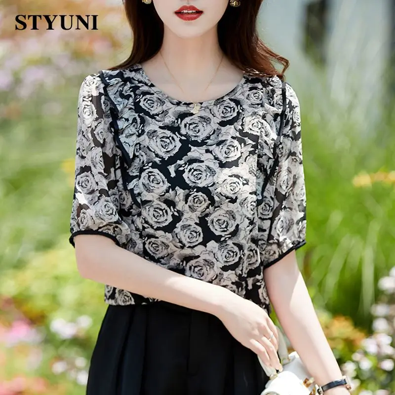 Rose Floral Printing Vintage O-Neck Short Sleeve Chiffon Women's Blouse Shirt Korean Fashion Female Clothing Tops Summer 2023