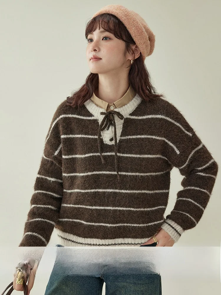 

AMUU Women's Wool Sweater round Ne oulder Pad Striped Tie Winter New Sweet Sle Loose Fit Long Sve Casual Top