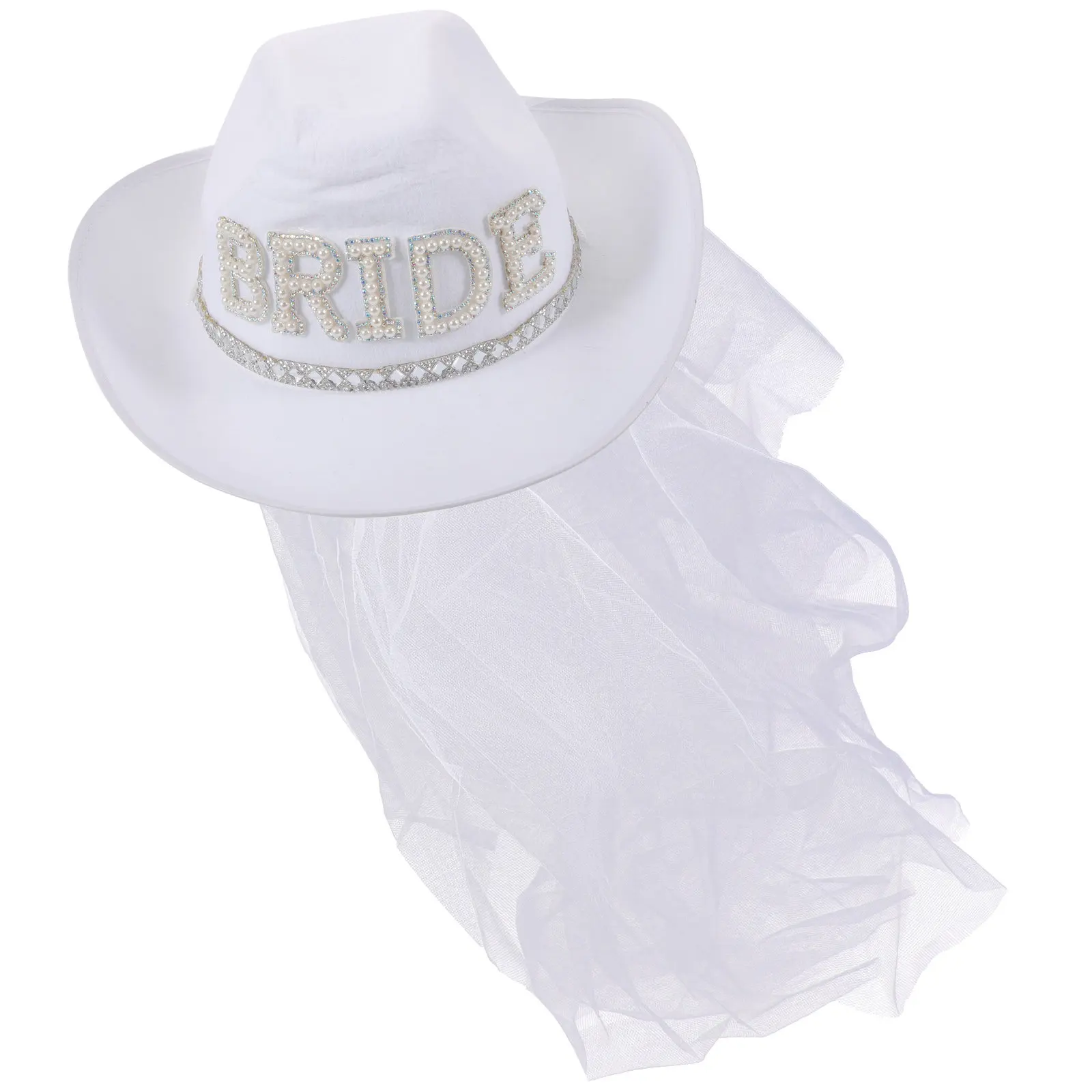 White Cowboy Hat Bridal Pearl Veil Rhinestone Bridal Cowgirl Hat Wedding Party Bachelorette Supplies Bachelorette Party Favors
