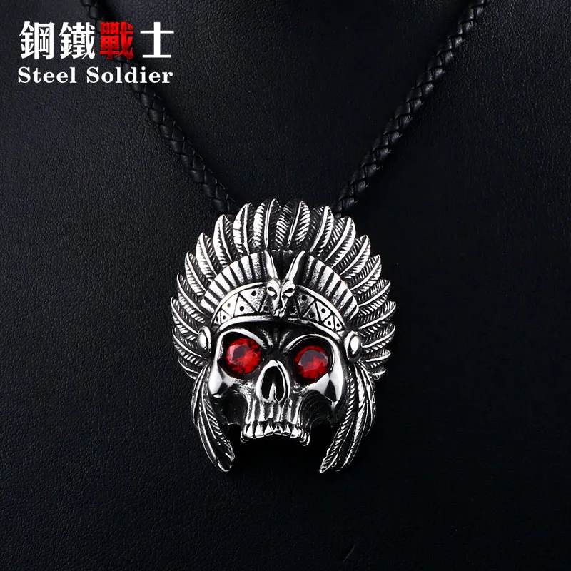 Steel soldier punk cheif design skull pendant necklace with red stone chain stainless steel biker huge heavy power jewelry