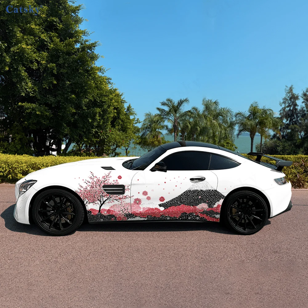Snow Mountain Cherry Blossoms Car Vinyl Wraps Decal Self-adhesive PVC Sticker Suitable for Truck SUV Decor Auto Accessories Gift