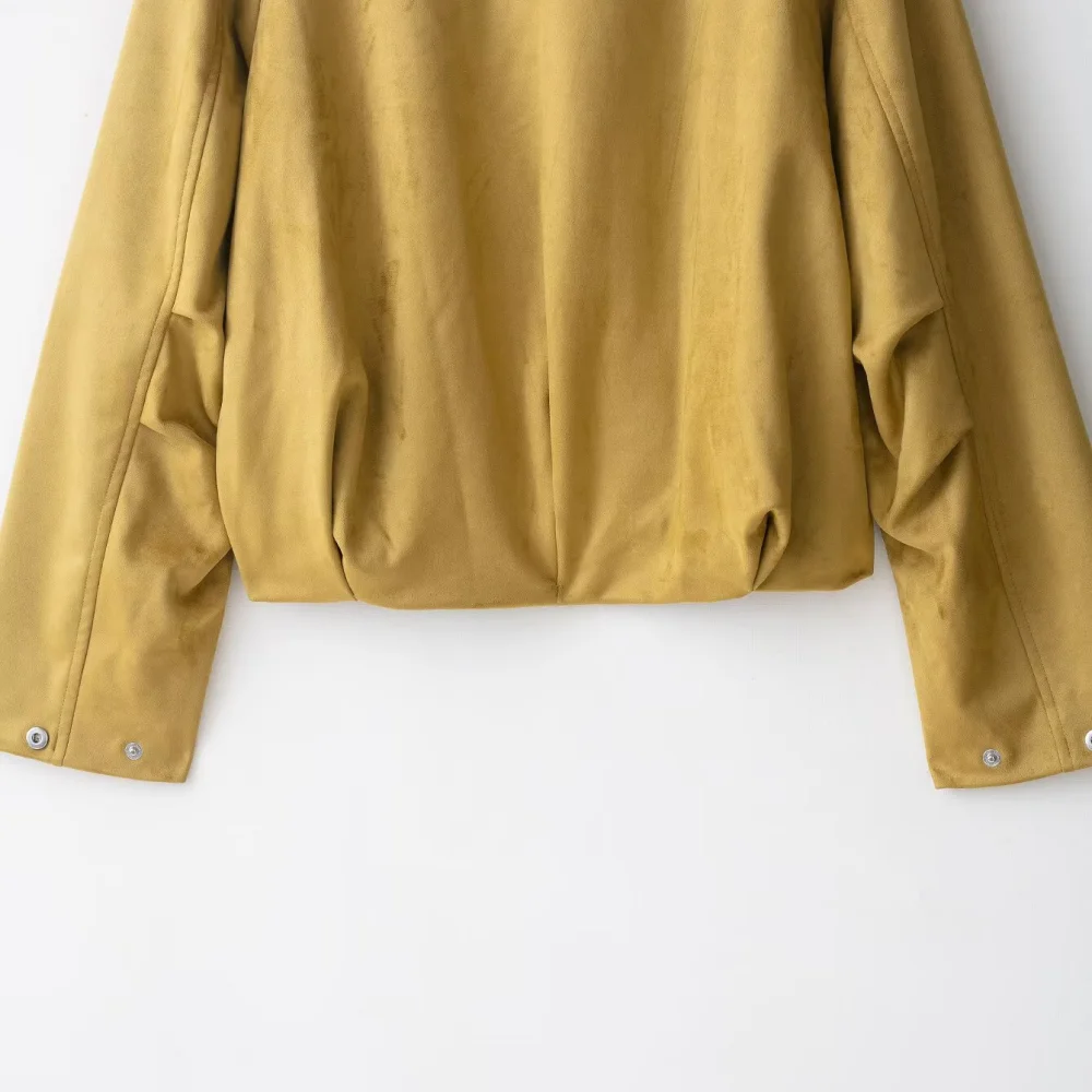 Jaket longgar wanita berbahan suede dengan kerah, lengan panjang, kancing, ritsleting, dan saku, jaket mode baru untuk musim gugur dan musim dingin.