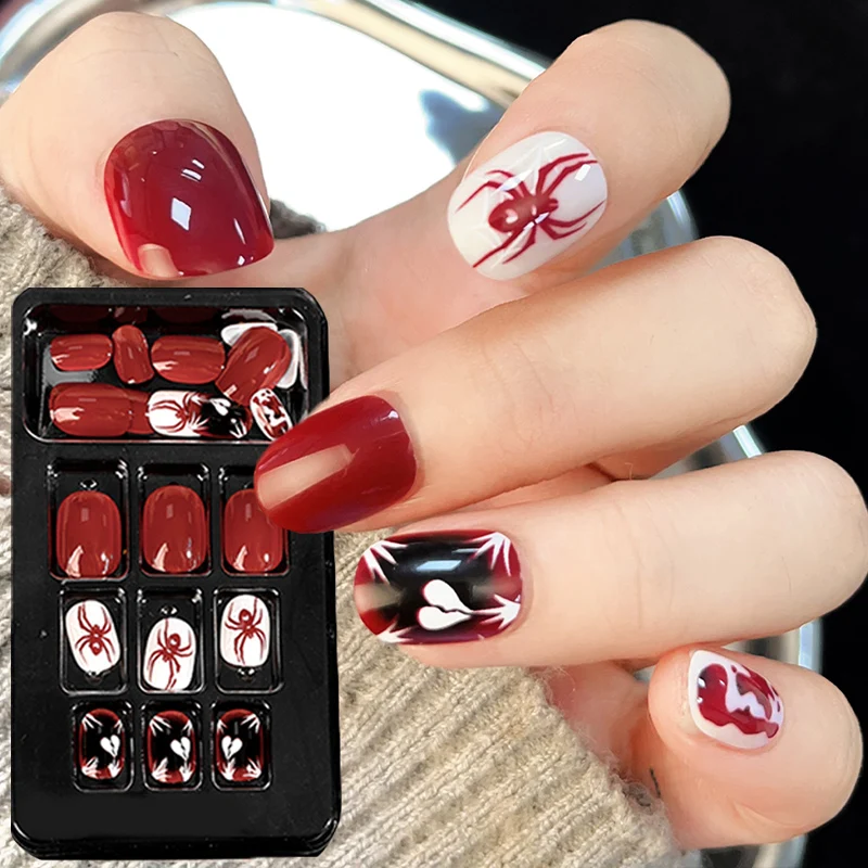 Halloween Red Spider Printed False Nails with 1g Glue Goth Style Short Round Press on Detchable Fake Nail for Girls 24 Pcs/box