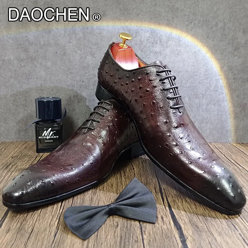 

LUXURY MEN OXFORD SHOES COFFEE BLACK LACE UP POINTED OSTRICH PRINTS CASUAL DRESS SHOES WEDDING OFFICE LEATHER SHOES MEN