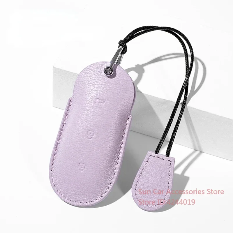 For Li L7 L8 L9 2022  2023  Off White + Taro Purple Goat Skin Leather Car Remote Key Case Cover Keychain Accesorios