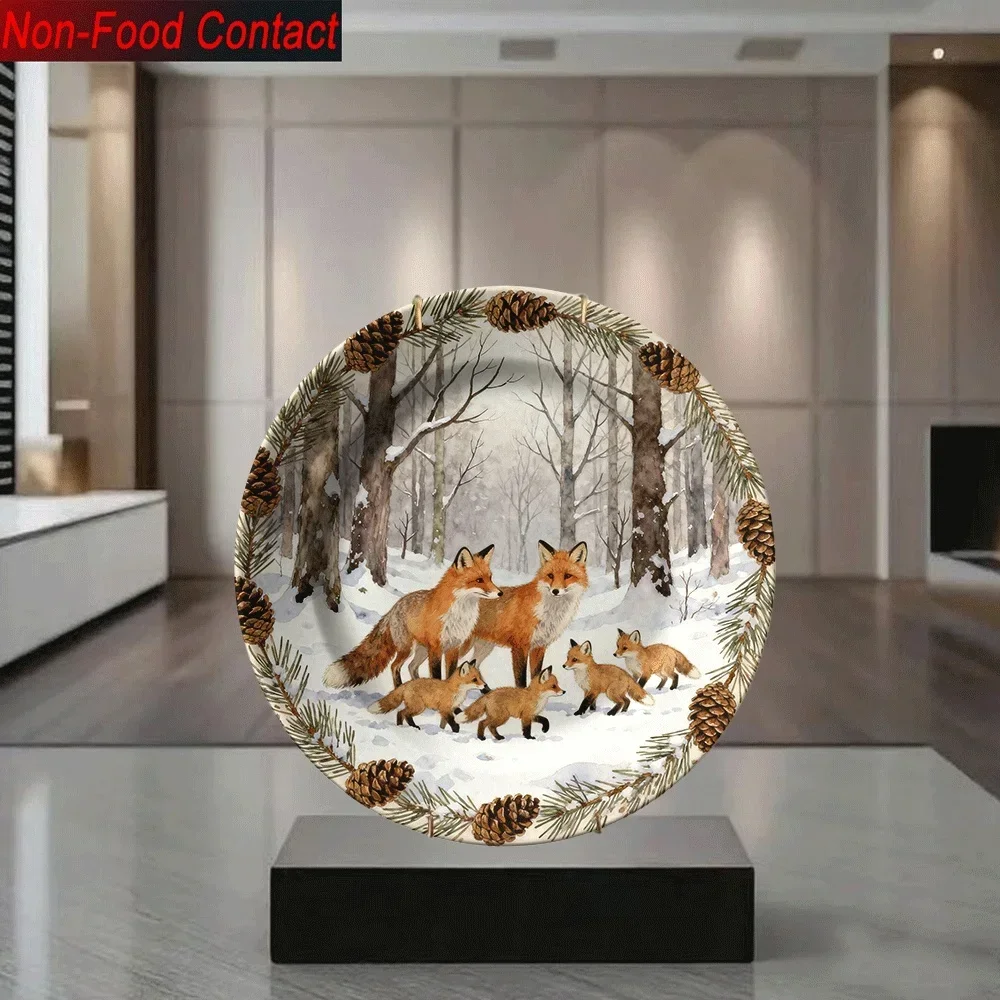 1pc Winter Forest Fox Family Ceramic Decorative Plate - Non-Food Contact Safe, Snowy Pine Tree & Foxes Design, Round Tabletop