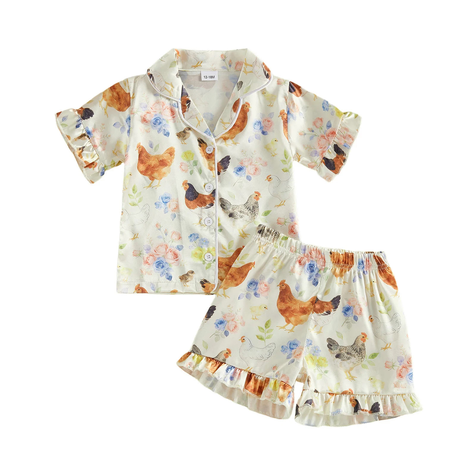 

Cute Toddler Satin Pajamas Set with Adorable Bunny Print Short Sleeve Button Down Tops and Elastic Waist Pants Sleepwear