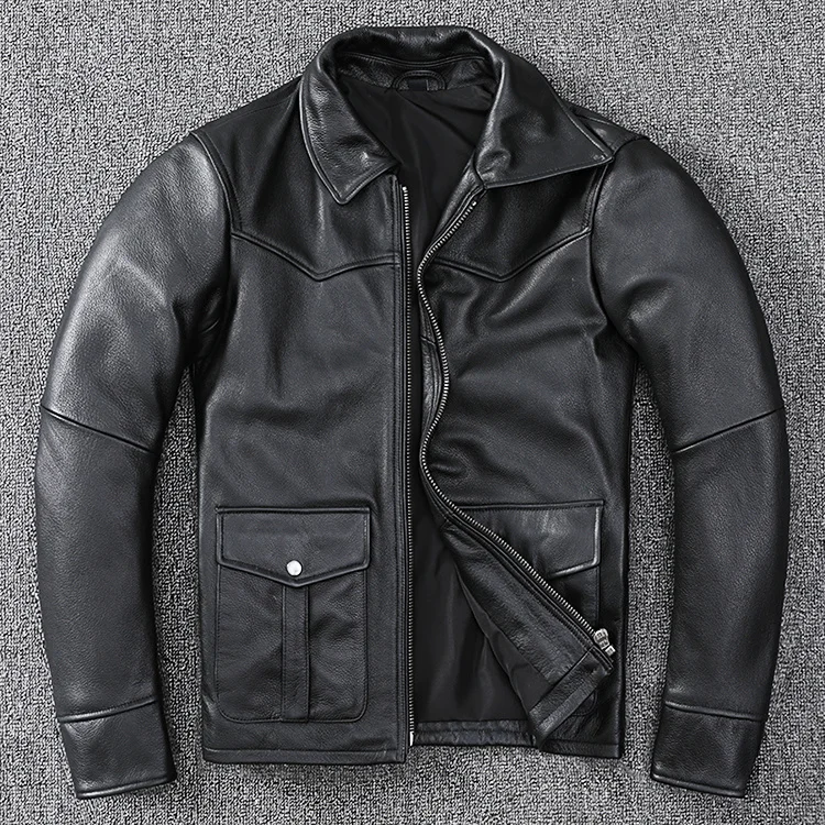 arrival.Genuine Free Leather shipping.New jacket.Dad‘s black cowhide clothes.men leather coat.father casual leather clothing.