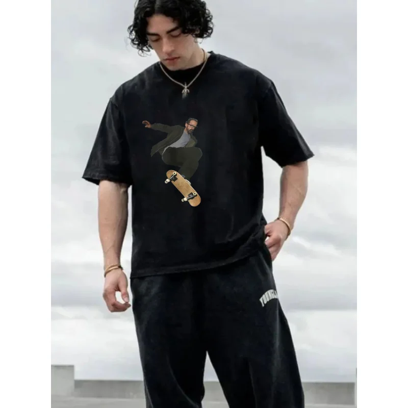 تي شيرت رجالي مغسول رمادي داكن طباعة جرافيك لوح التزلج جودة عالية 100% قطن 230 جرام