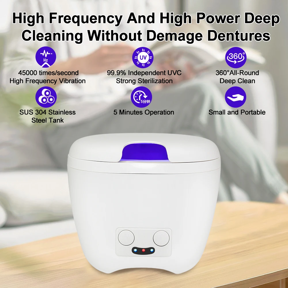 Portable Denture Ultrasonic Cleaner with UV Light for Daily Remove False Teeth Retainer Cleaner