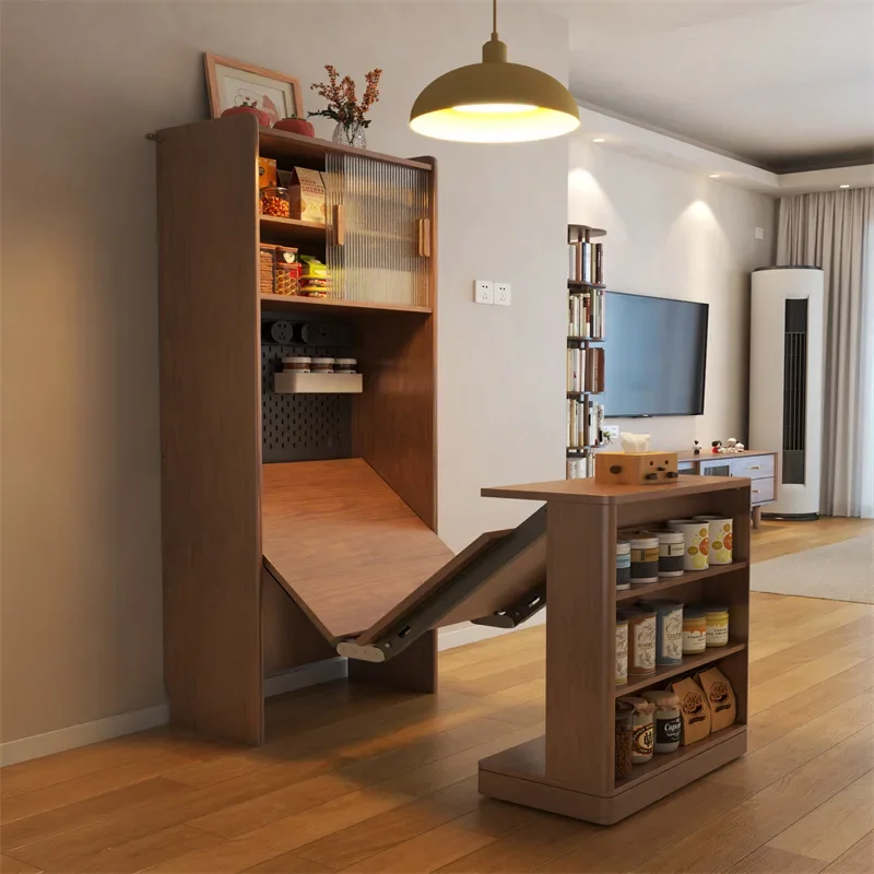 Solid wood foldable dining table sideboard integrated for small home apartments, foldable wall-mounted storage cabinet