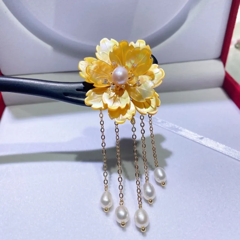 Classical Chinese Hairpin with Ebony Stick and Handcrafted Peony Blossom Convertible Hair Clip or Brooch for Women Daily Use