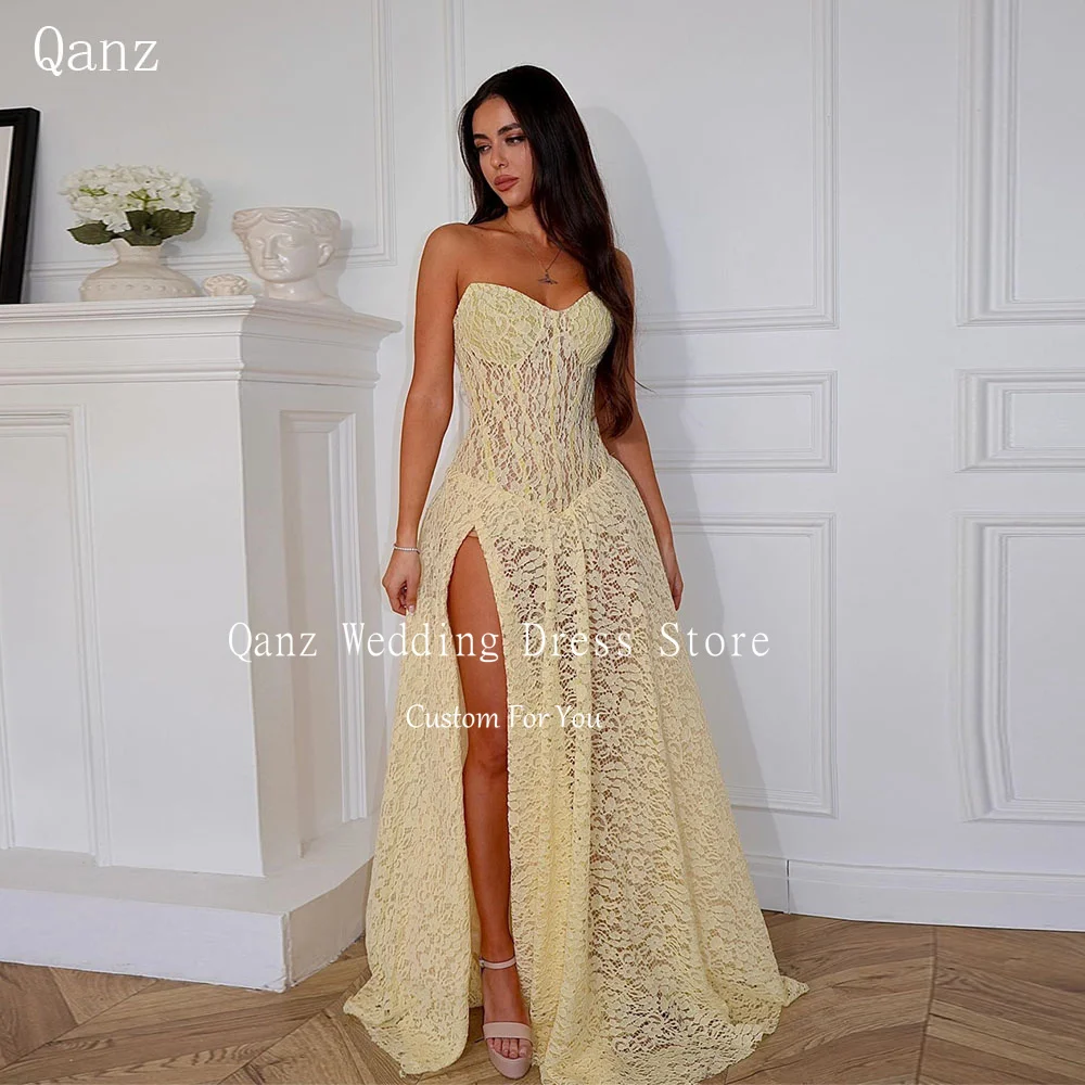 Qanz Yellow Full Lace Prom Dress Sweertheart High Slit Vestidos De Fiesta Elegantes Long Wedding Guest Dresses Customized