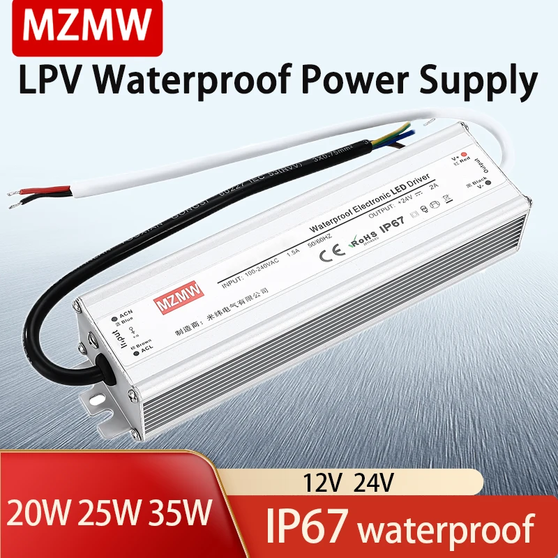 MZMW zasilacz impulsowy LPV-20W 25W 35W AC DC12V 24V Volt IP67 wodoodporny sterownik dioda LED z pojedynczym wyjściem transformator oświetleniowy