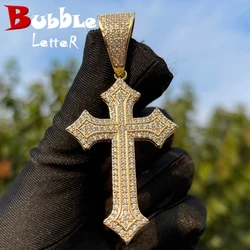 Bubble Letter Iced Out Cross Pendant Necklace for Men Prong Setting Bling Charms Real Gold Plated Hip Hop Jewelry