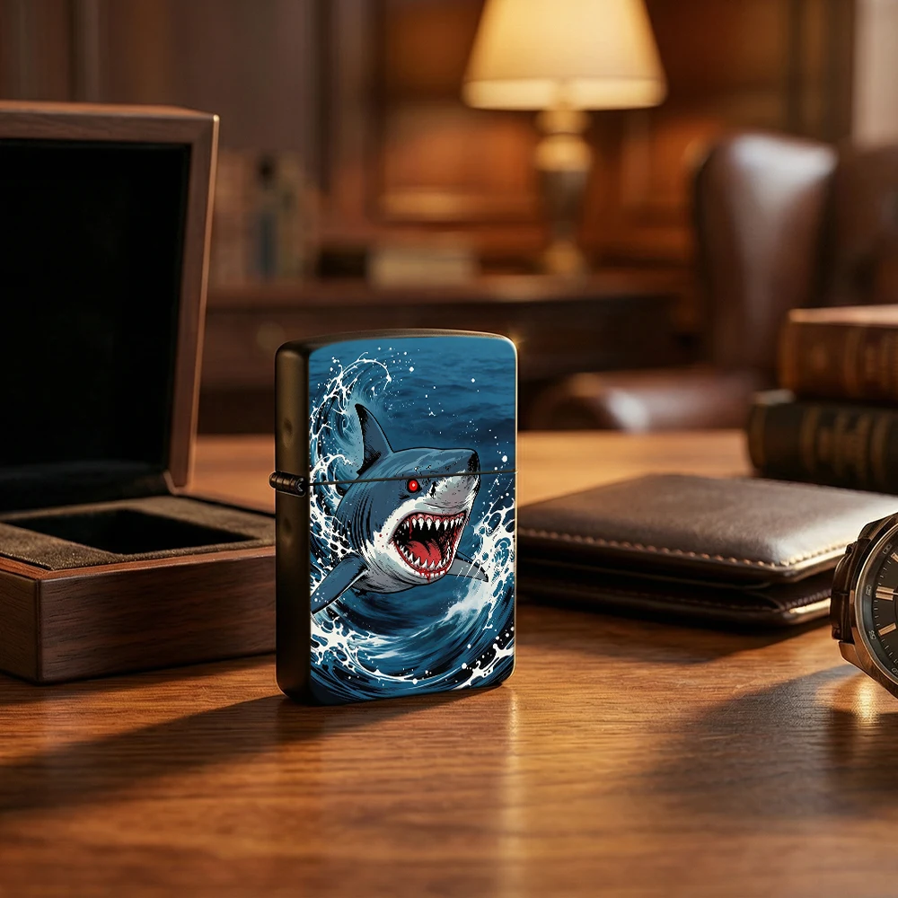 Vintage Flip Top Lighter lighters vintage Fierce Great White Shark Ocean Wave Comic Print lighters for smokers For Collectible