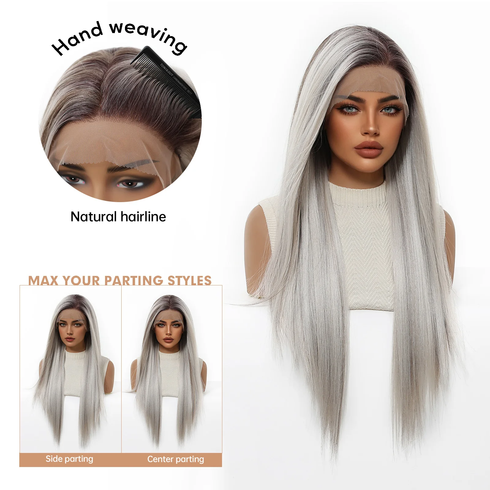 HAIRCUBE 13*6 Lace Frontal Straight Wigs Platinum Highlight Synthetic Wigs With Dark Roots Pre Plucked Hair For Women Cosplay