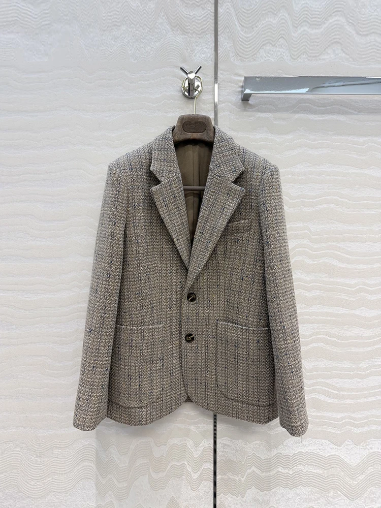Spring Autumn Fashion Office Lady Vintage Tweed Suits Jackets Women's Ulster Collar Loose Button Long Sleeve Pocket Jackets