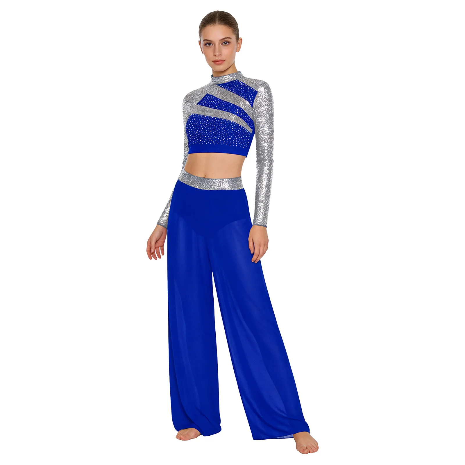 Abiti da ballo da sala jazz in due pezzi da donna Collo a lupetto Manica lunga Ritaglio sul retro Paillettes Strass Crop Top con pantaloni con spacco laterale