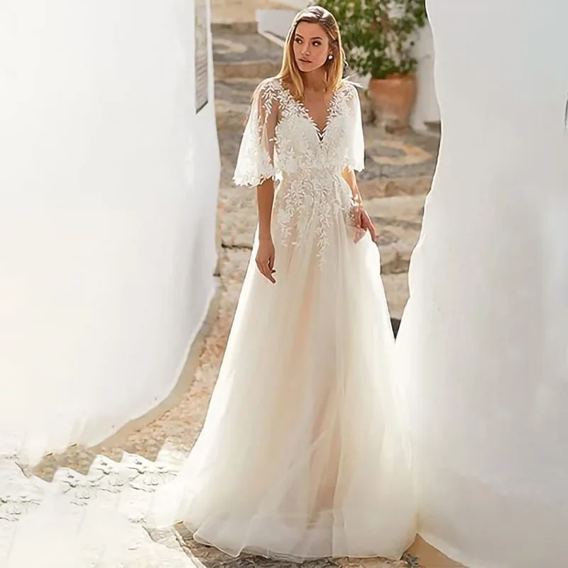 

Fair Lady Wedding Dresses for Bride 2024 V Neck Beaded Straps Lace Appliques Bridal Gown for Women