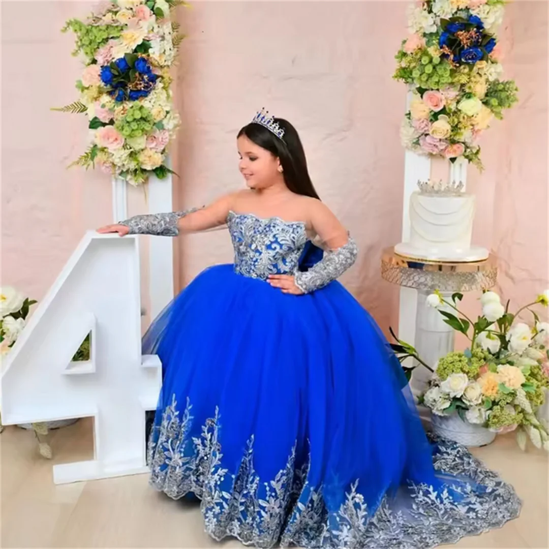 

Customized Royal Blue Princess Flower Girl Dress for Wedding Lace Appliques Full Sleeve Baby Birthday Dress First Communion Gown
