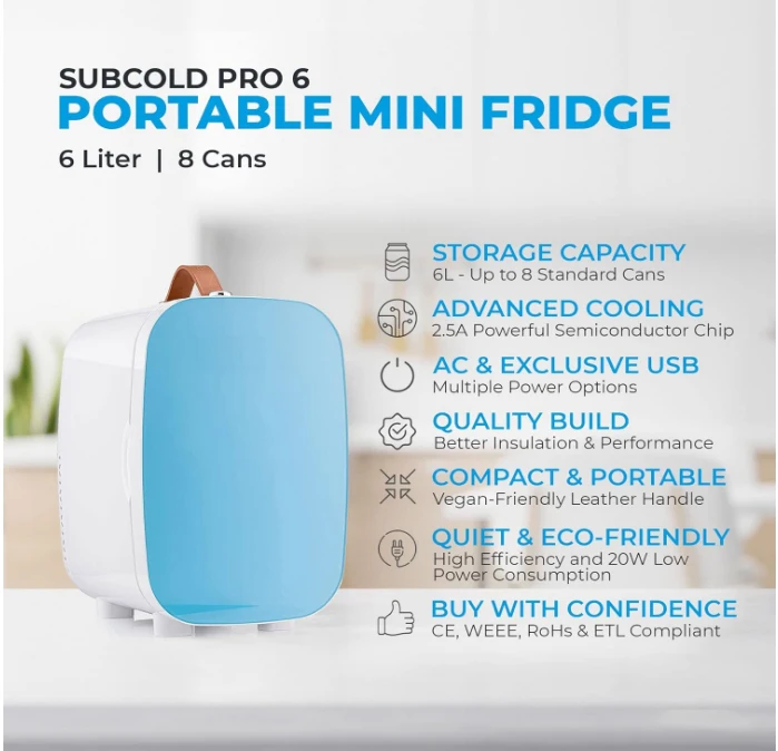 Deluxe mini refrigerator cooler 6 L, suitable for office, bedroom, car, skin care and cosmetics blue