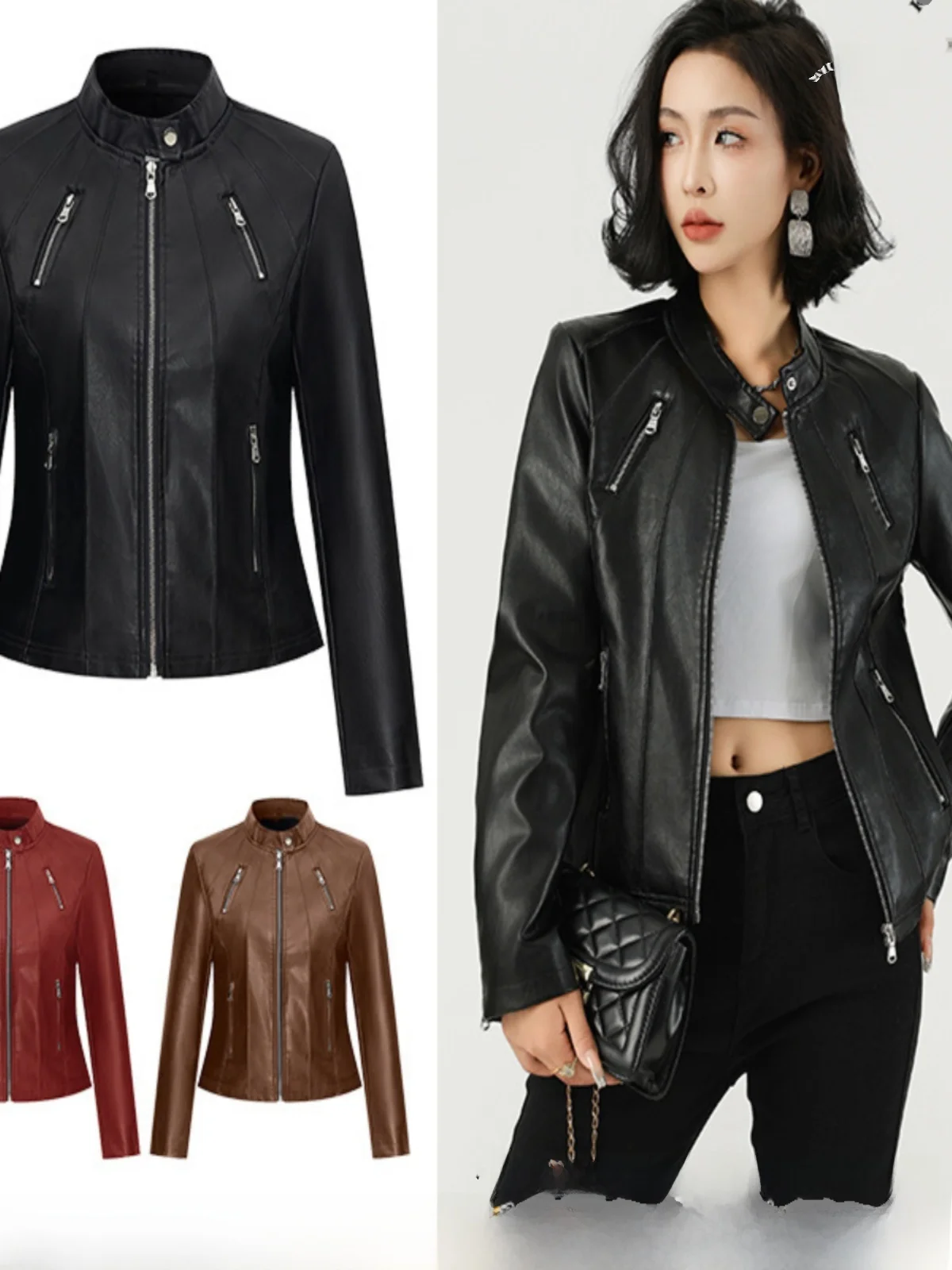 スリムフィット レディース レザー ジャケット 高級感 クロスボーダー レディース ファッション ジッパー ロング スリーブ スタンドカラー PUレザー