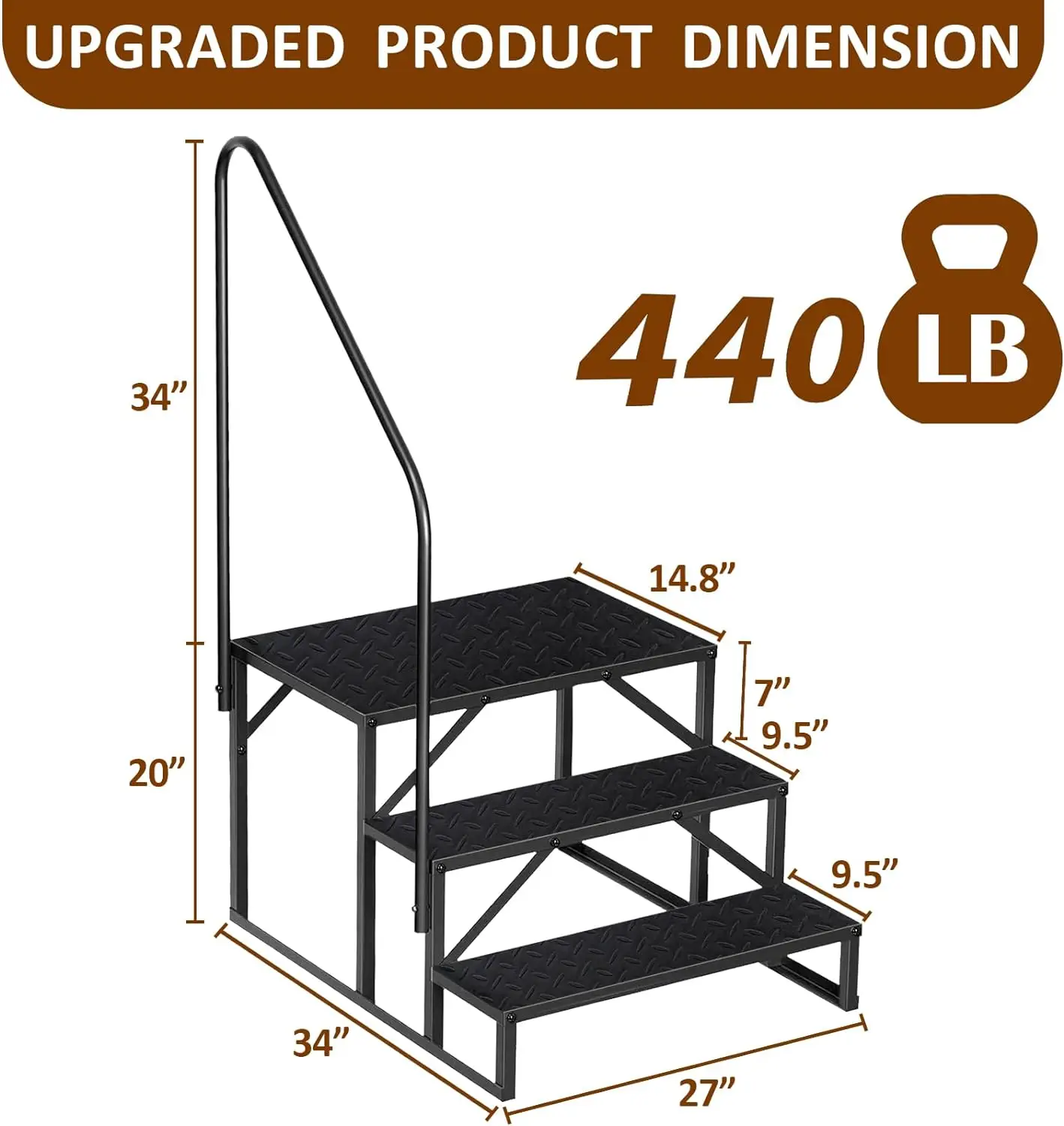 RV Stairs 3 Step Ladder, RV Steps Anti-Slip, Hot Tub Steps with 2 Handrails, 660 lbs RV Ladder for 5th Wheel