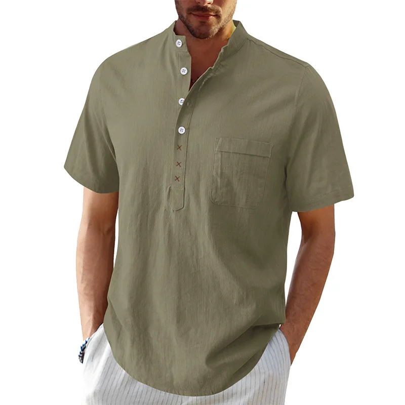 2024 Męska koszula ze stójką w jednolitym kolorze z krótkim rękawem Hawaii Beach Linen Henry Shirt Odzież męska w nowym stylu