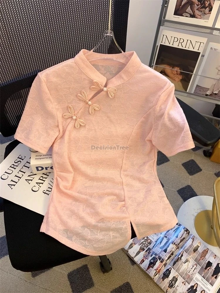 2024 new chinese style plate buckle jacquard short sleeve t-shirt women summer slit stand collar improved fashion qipao top w908