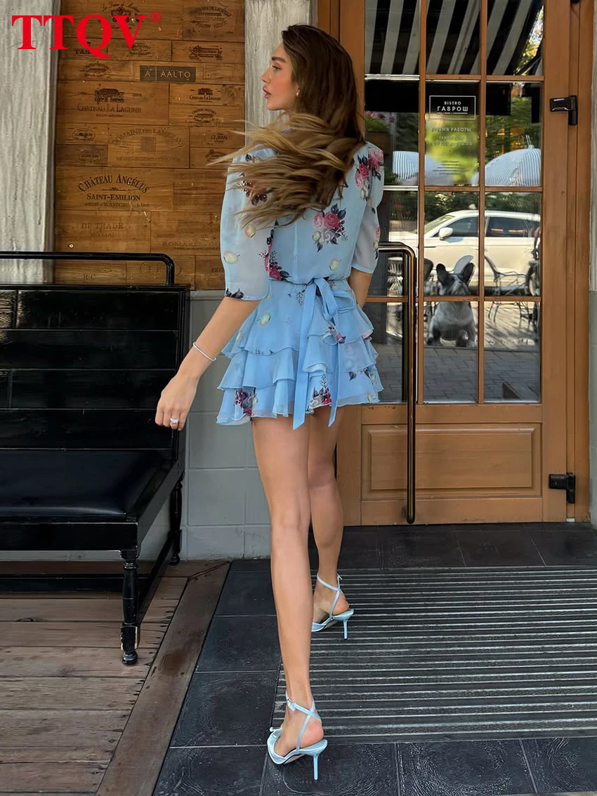TTQV Fashion Loose Print Women's Dress 2026 Summer V-Neck Short Sleeve Mini Dresses Lady Elegant Classic Pleated Dress Female - Image 6