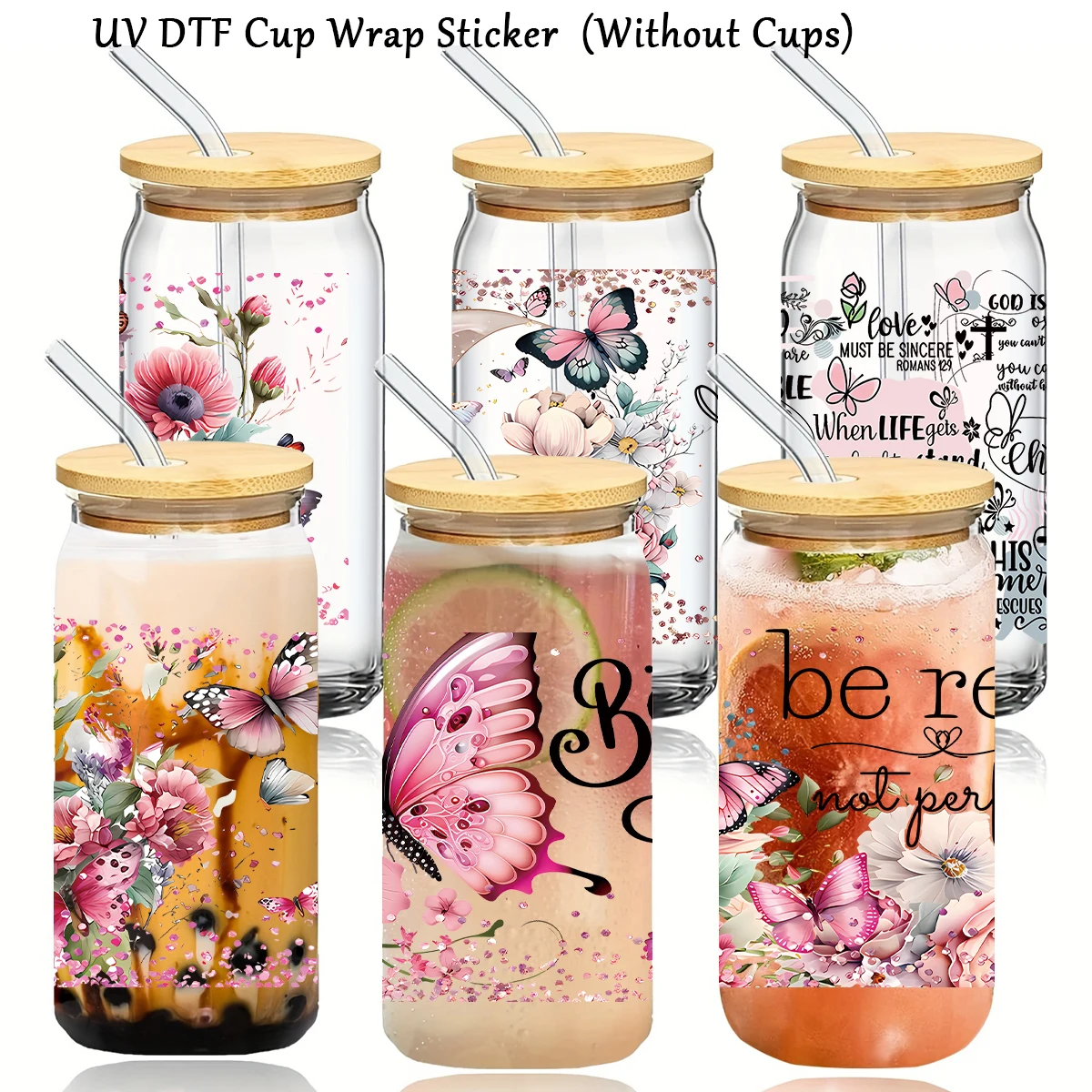 1pc Positive UV DTF Cup Wrap Decal Butterfly Flower UV Transfer Stickers For 16oz Libbey Glass Can Bottle DIY Waterproof Sticker