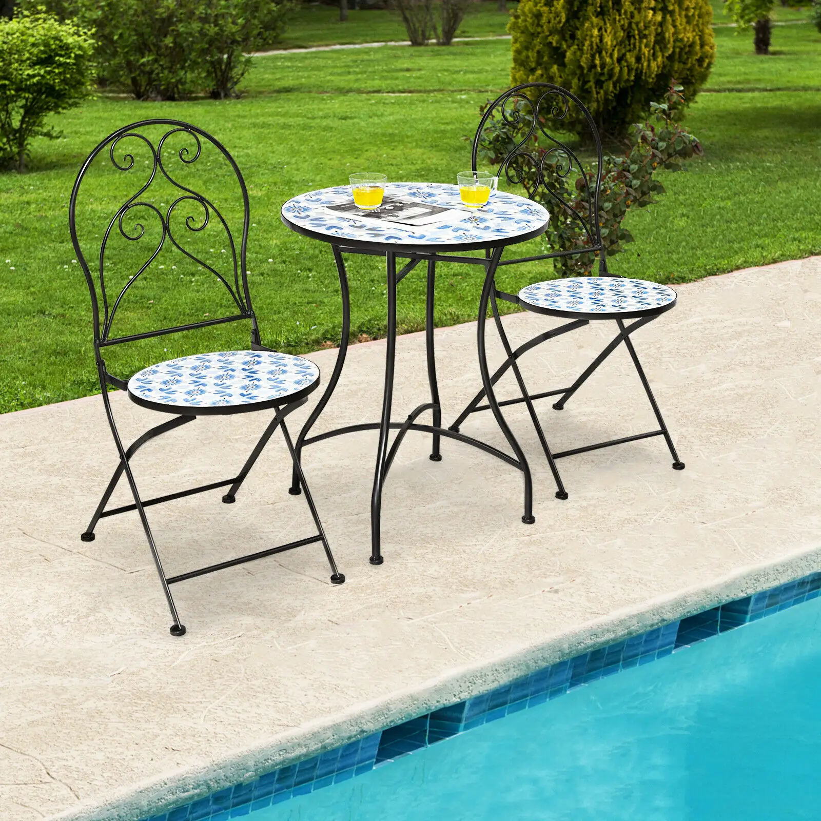 Patiojoy 3PCS Patio Bistro Furniture Set Folding Chair Mosaic Design Garden Blue  NP10208+