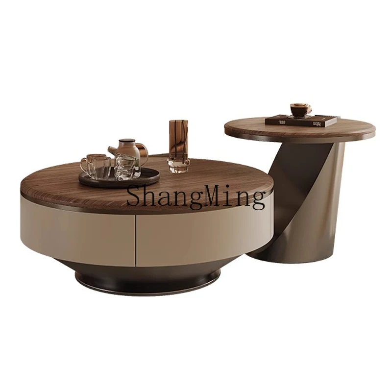 

LXY simple and modern small apartment coffee table size round living room combination medium ancient walnut surface coffee table