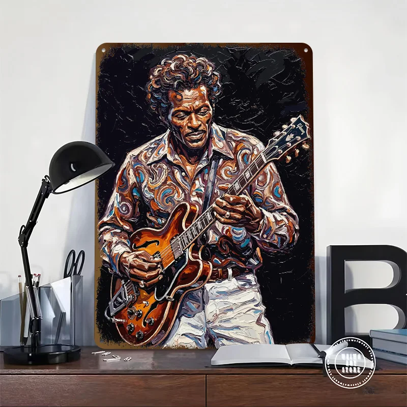 Chuck Berry Guitar Portrait 3D Texture Metal Poster Customized Wall Art Tin Sign Gift for Mancave Vintage Decorations Desk Decor