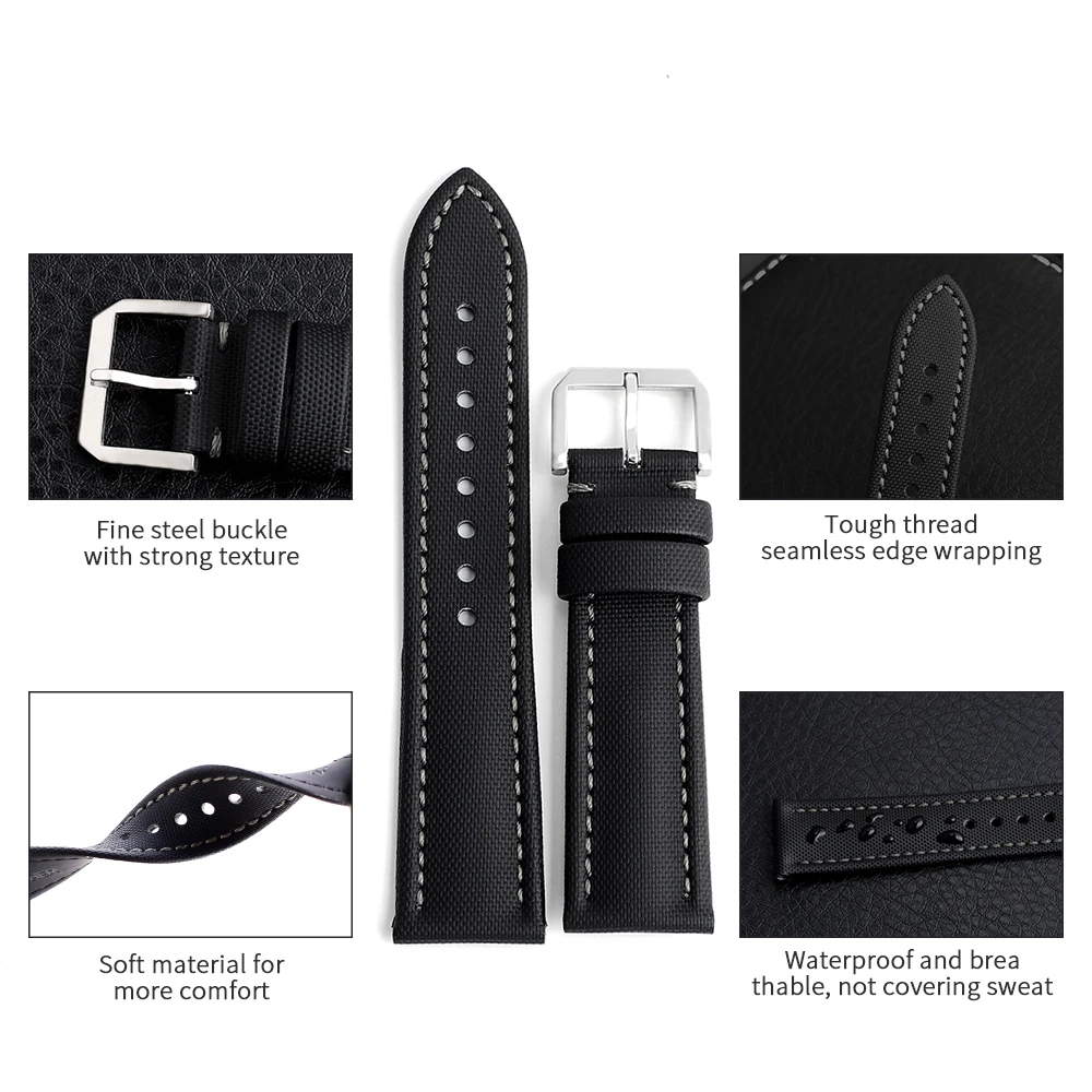 Onthelevel Oxford Tarpaulin With Cowhide Watch Strap 18mm 19mm 20mm 21mm 22mm Handmade Stitching Quick Release Watchband