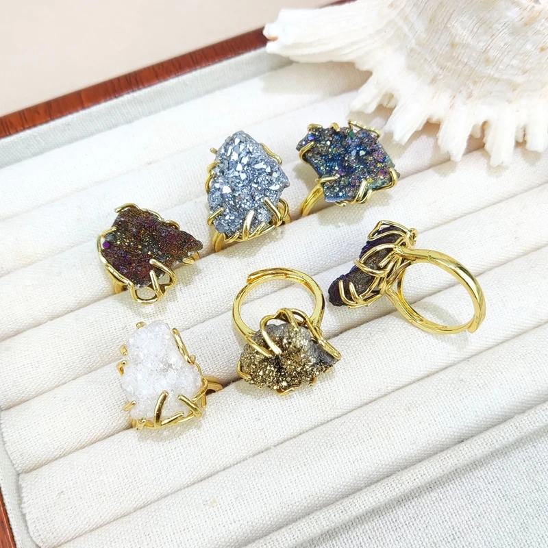 Natural Irregular Druzy Geode Stone Ring Colorful Crystal Gold Plated Jewelry for Women Party Wedding Gift