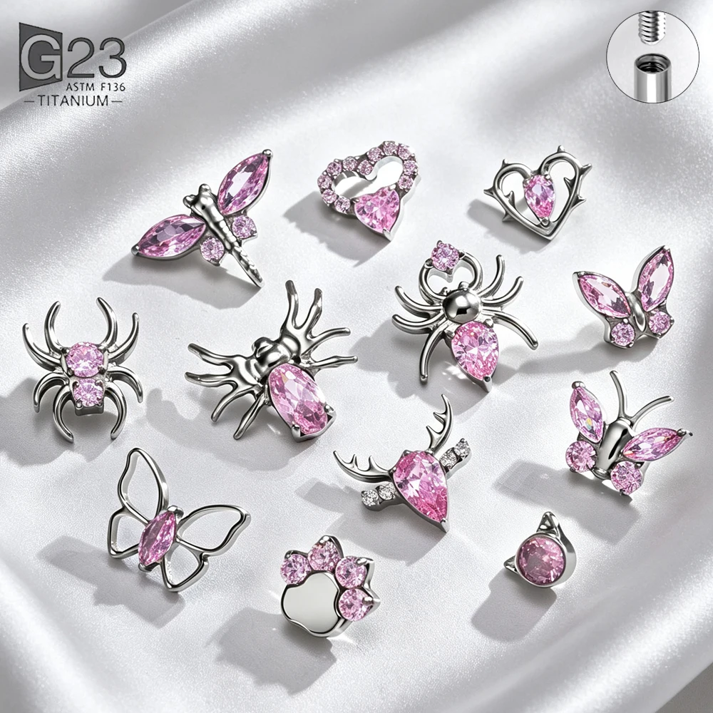 G23 Tytanowy Labret do wargi z wewnętrznym gwintem, różowy CZ, pająk, motyl, ważka, łapa kota, piercing do tragusu, helisy, chrząstki, biżuteria.