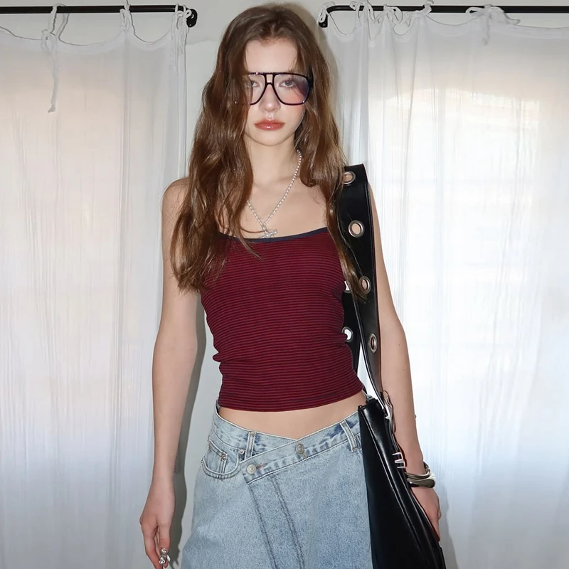 Hugcitar Gestreiftes Farbblock-Top Rückenfreies Sexy Crop-Camisole-Oberteil Sommer Damenmode Outfit Streetwear Party Großhandel – Detail 13