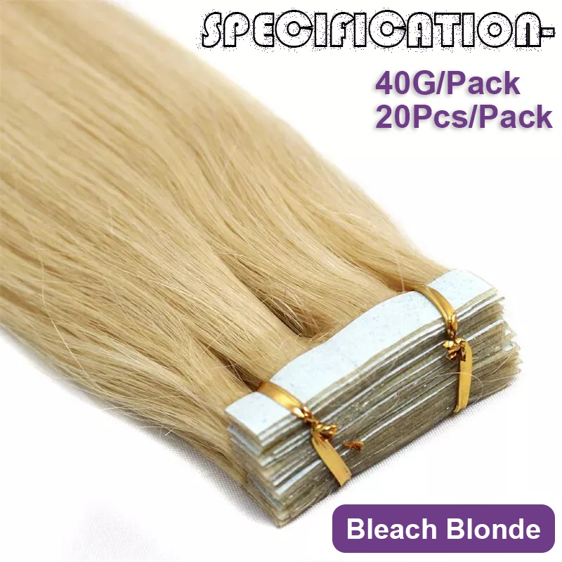 Human Hair Extensions Tape Ins #613 Blonde Tape In Hair Extensions Menselijk Haarkleur Bleekmiddel Blonde Huid Inslag Naadloze Tape Ins