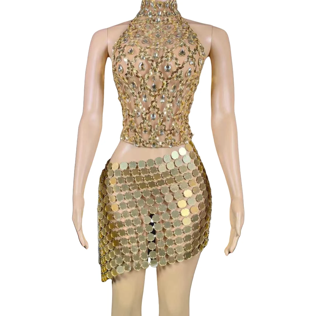 Złote, bezrękawnikowe komplety 2-częściowe: top i spódnica z cekinami dla kobiet, błyszczące, seksowne stroje na urodziny, imprezy, wieczorne wyjścia i do klubu nocnego.