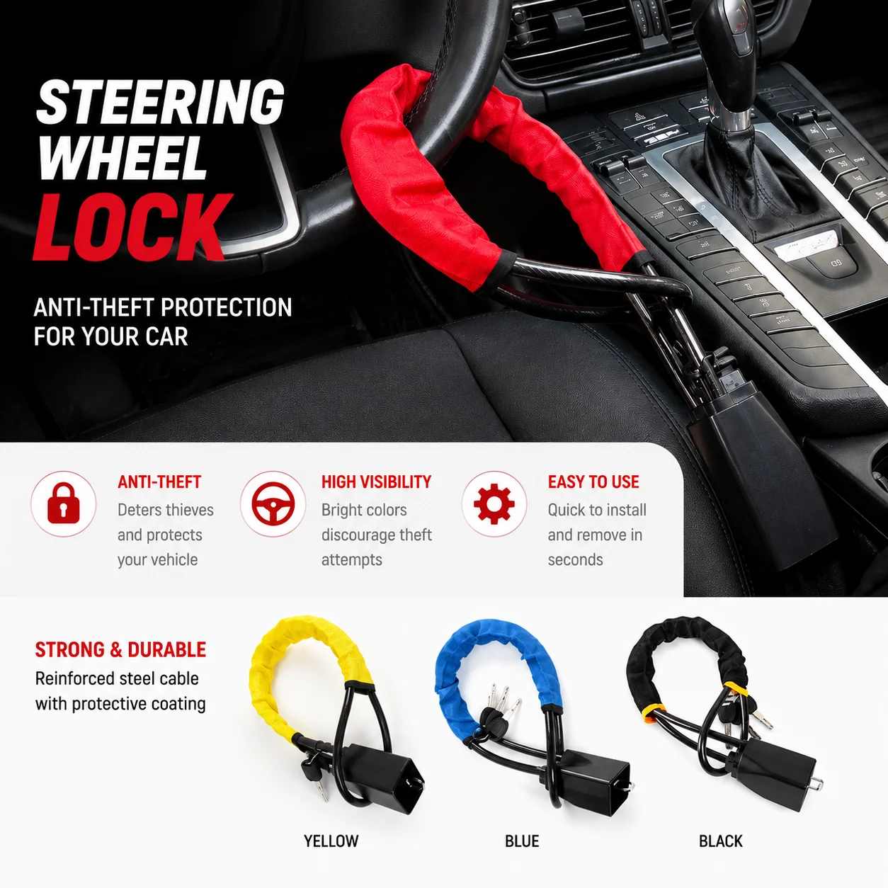 Universal Car Steering Wheel Lock, Seat‑Belt Buckle Type with 3 Keys, Durable Steel Cable Anti‑Theft Security Lock for Vehicles