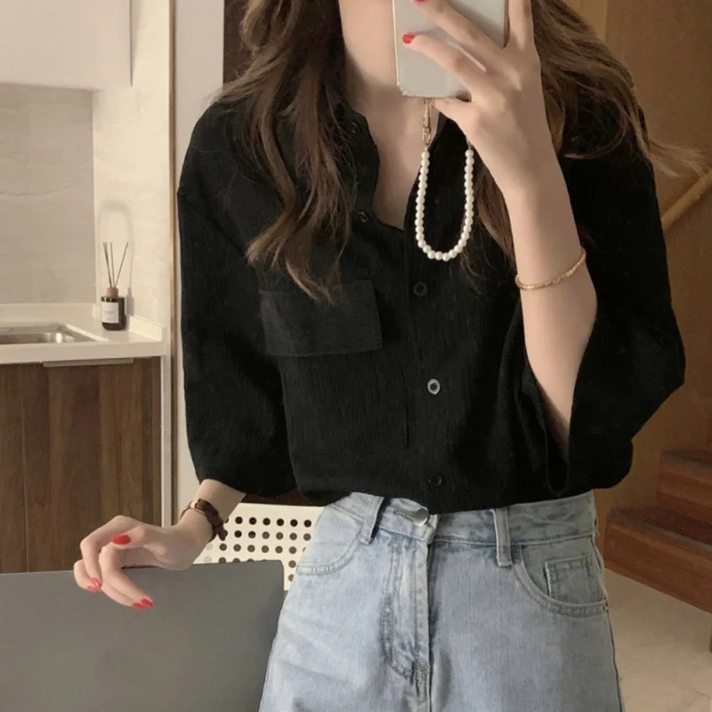 

Vintage Chiffon shirt Women Summer Seven-minute Sleeve Shirt Elegant Turn Down Collar Ladies Blouse Early Fall Shirts Tops Coat