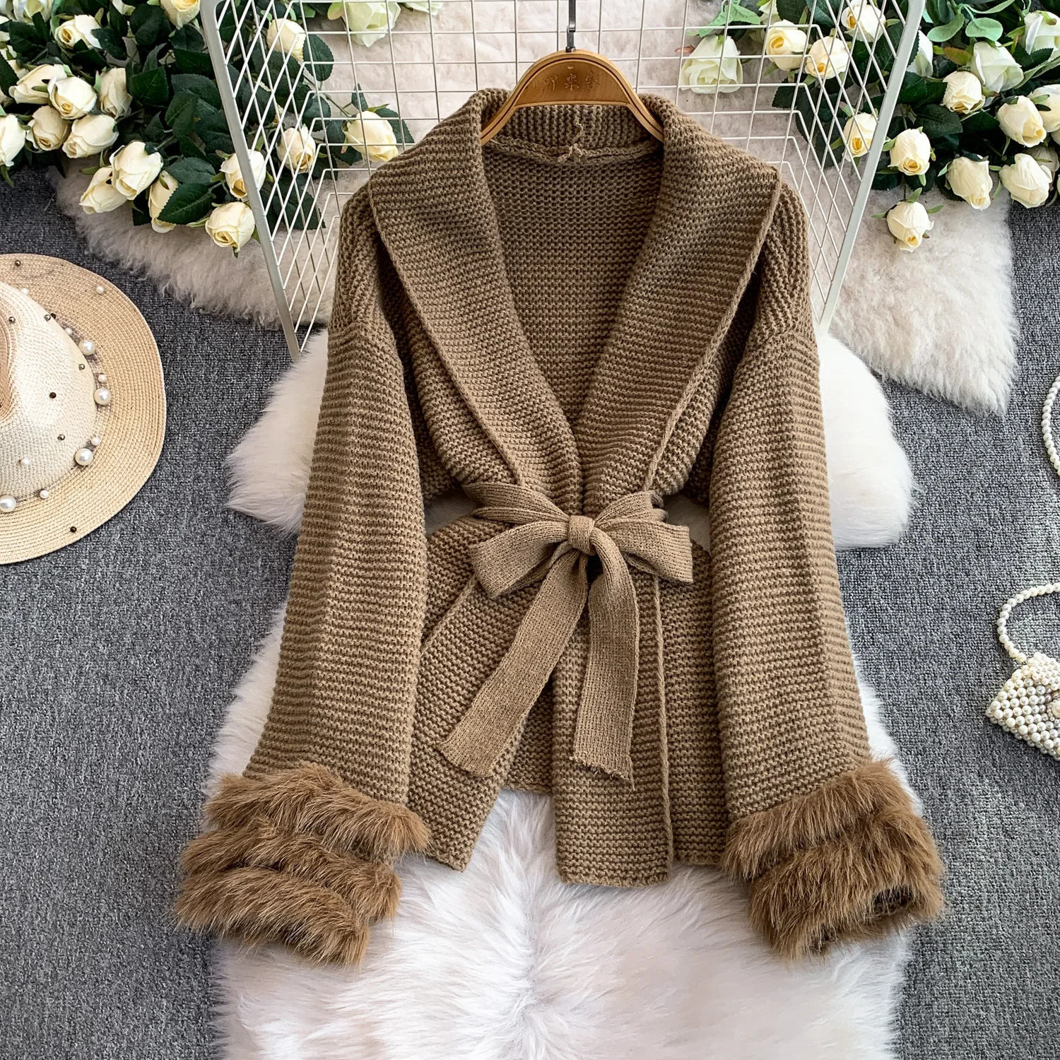 

SuperAen Elegant Cardigan Mid-length Knitted Sweater for Women Winter New Waist Lace-up Simple Solid Color Sweaters