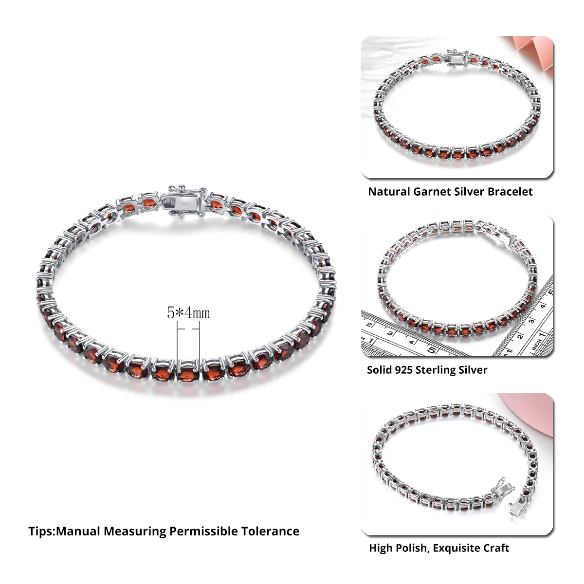 Natural Red Garnet Solid Sterling Silver Bracelet 16.6 Carats Genuine Birthstone S925 Women Favorite Anniversary Jewelry Gifts