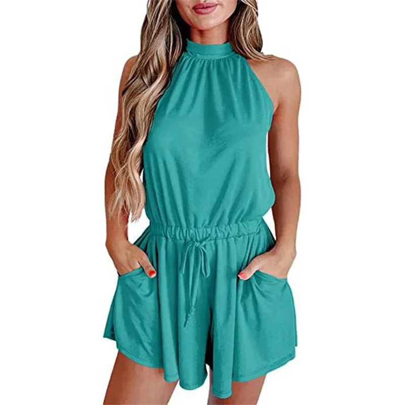 Women Elasticized Drawstring Waist Double Pockets Jumpsuit Shorts Female Solid Color Sleeveless O Neck Back Lace-up Rompers 2024