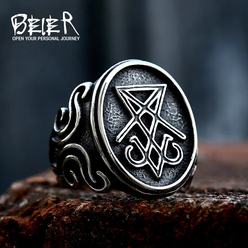 BEIER 2022 Updated Design Vintage Lucifer Satan Signet Ring  Men\'s Ring Gothic Style Amulet Witchcraft Wicca Wholesale Jewelry