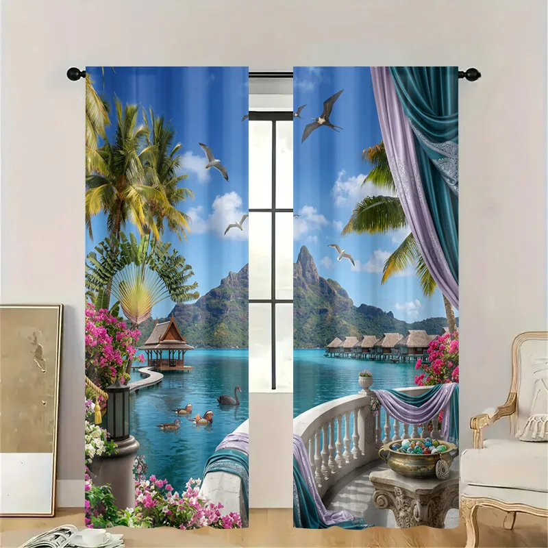 Tropical Paradise Beach Shower Curtain Realistic Ocean View Decor Waterproof Resort Tropical Vacation Linens Home Decoration Cur